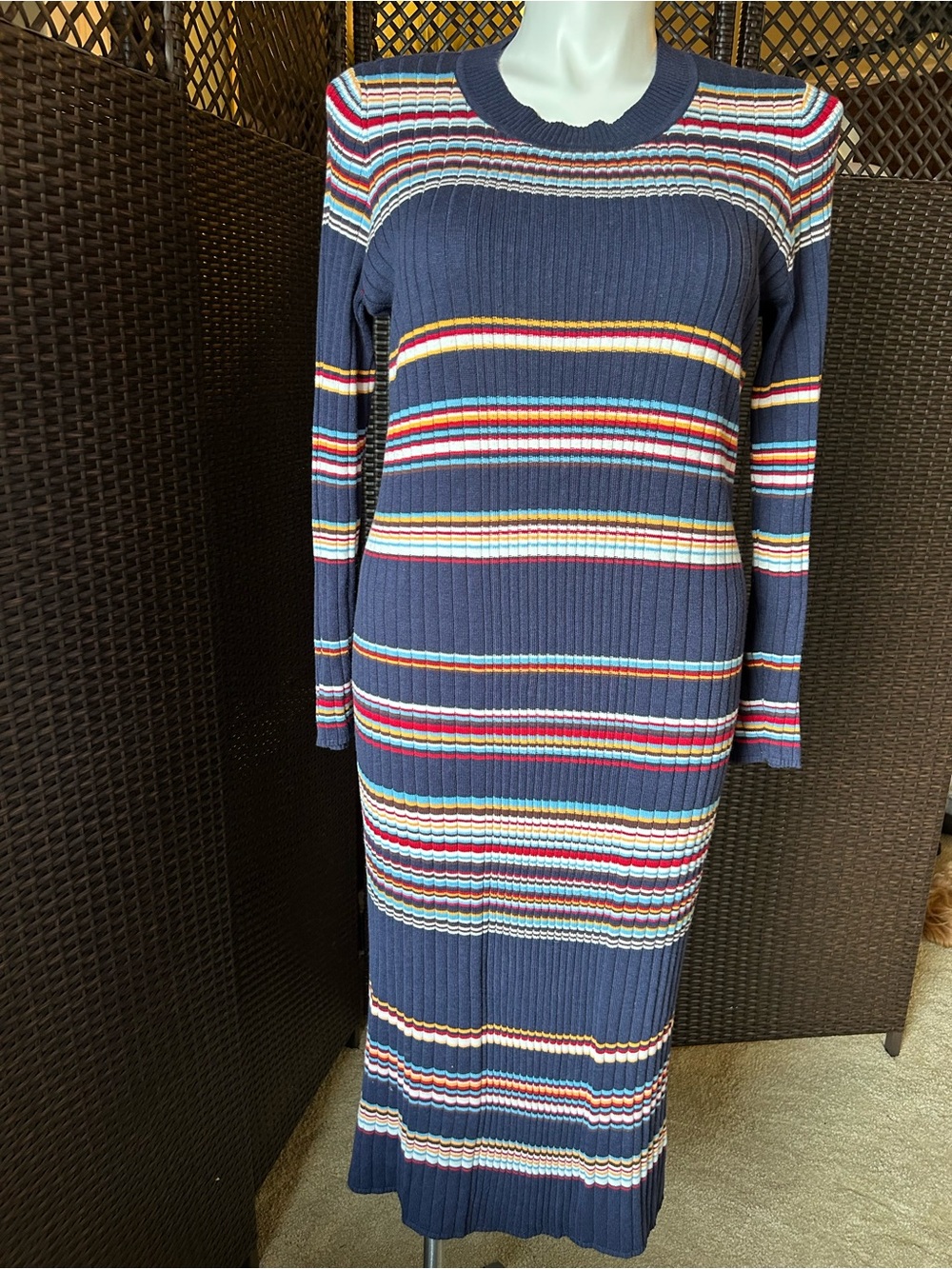 Torrid Navy Multicolor Ribbed Long Sleeve Midi Sweater Dress